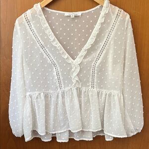 LOVE TREE Soft White‎ Sheer Swiss Dot 3/4 Sleeved Blouse Ruffle Details Womens M